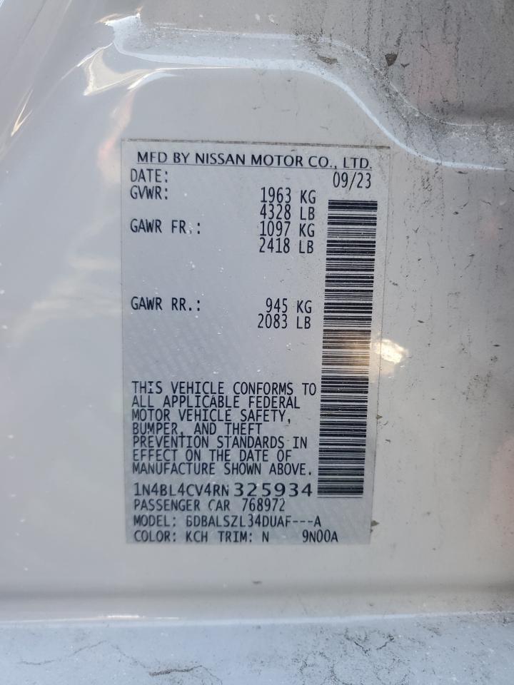2024 NISSAN ALTIMA SR VIN:1N4BL4CV4RN325934