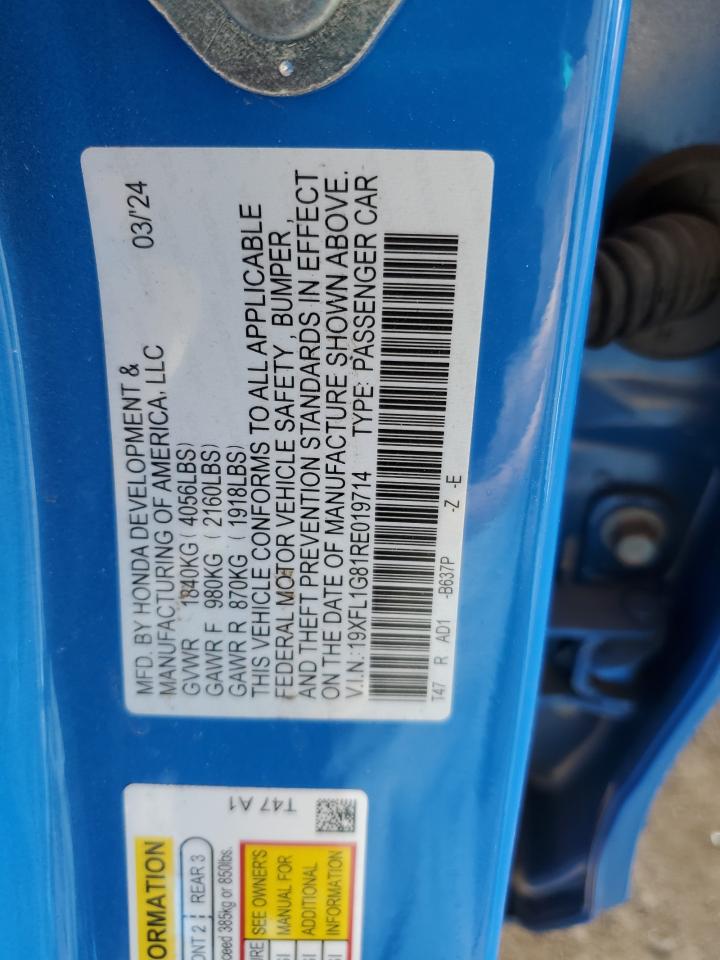 2024 HONDA CIVIC SPORT TOURING VIN:19XFL1G81RE019714