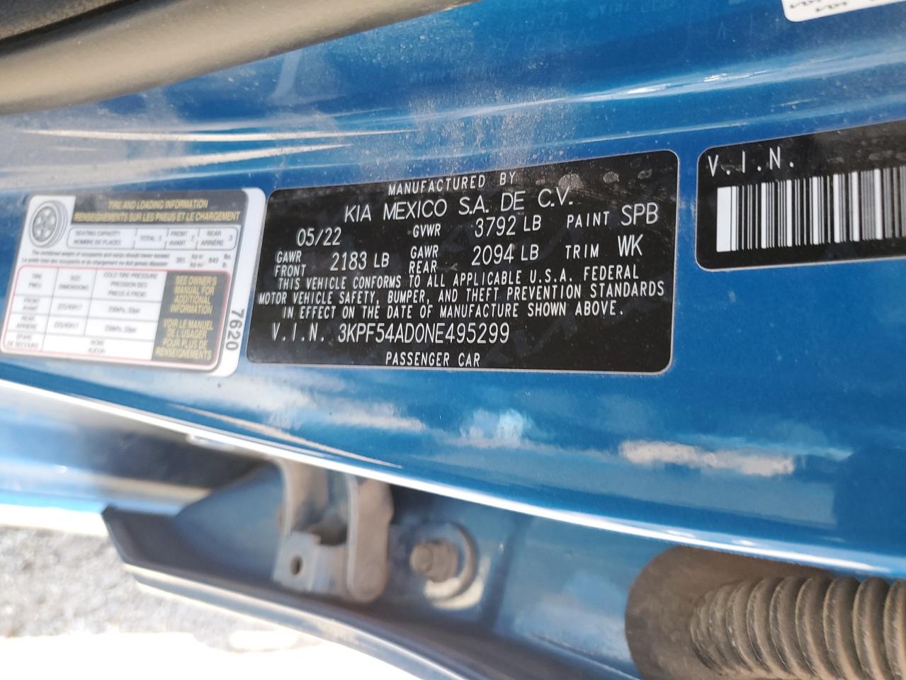 2022 KIA FORTE GT LINE VIN:3KPF54AD0NE495299