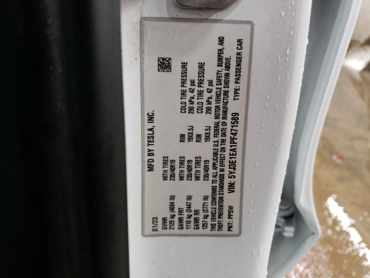 2023 TESLA MODEL 3  VIN:5YJ3E1EA1PF471589