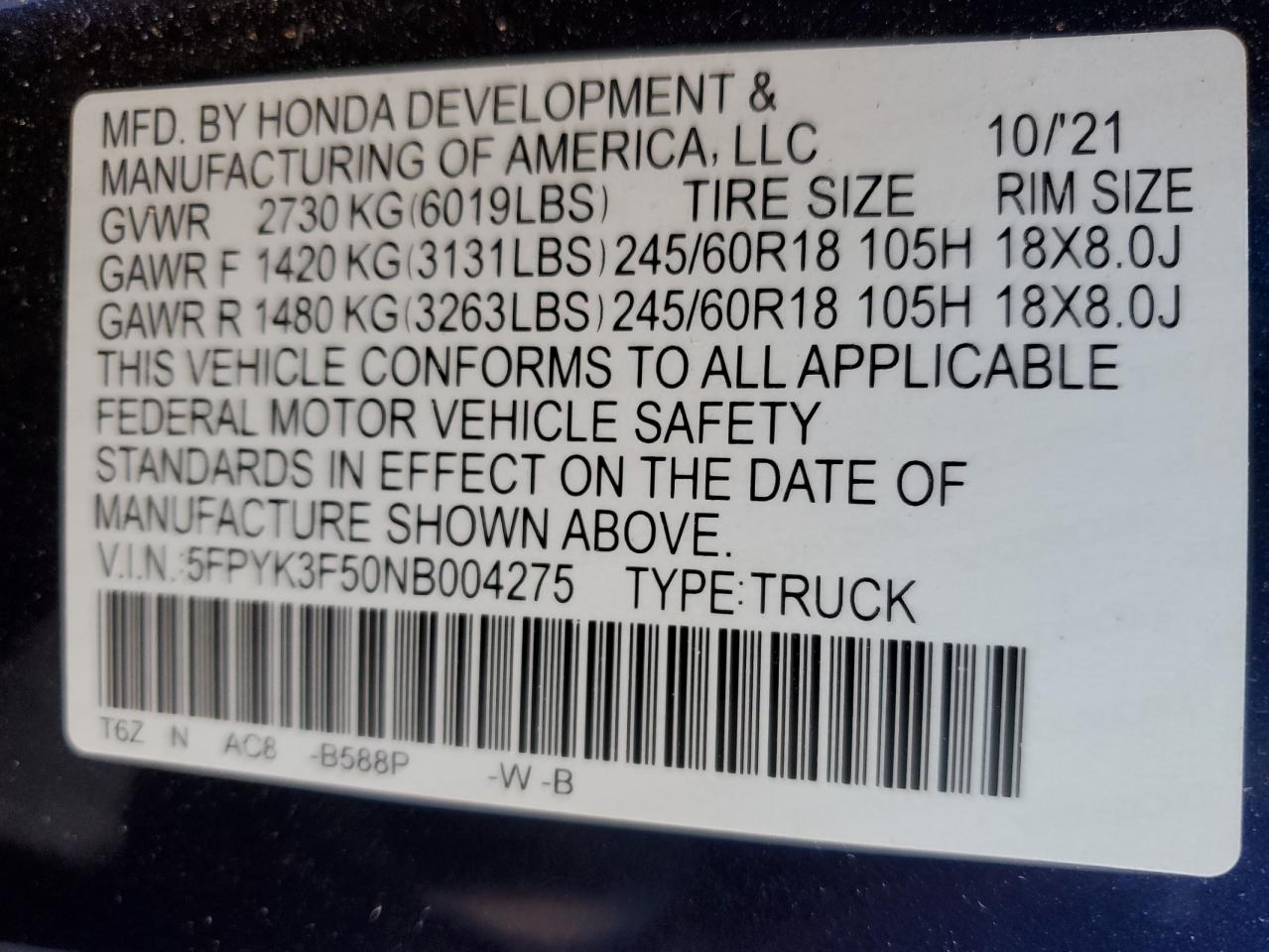 2022 HONDA RIDGELINE RTL VIN:5FPYK3F50NB004275