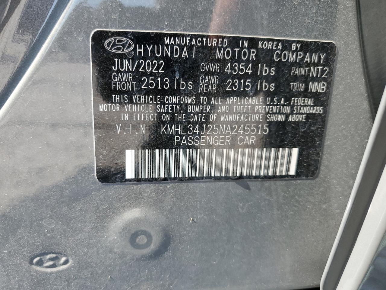 2022 HYUNDAI SONATA LIMITED VIN:KMHL34J25NA245515