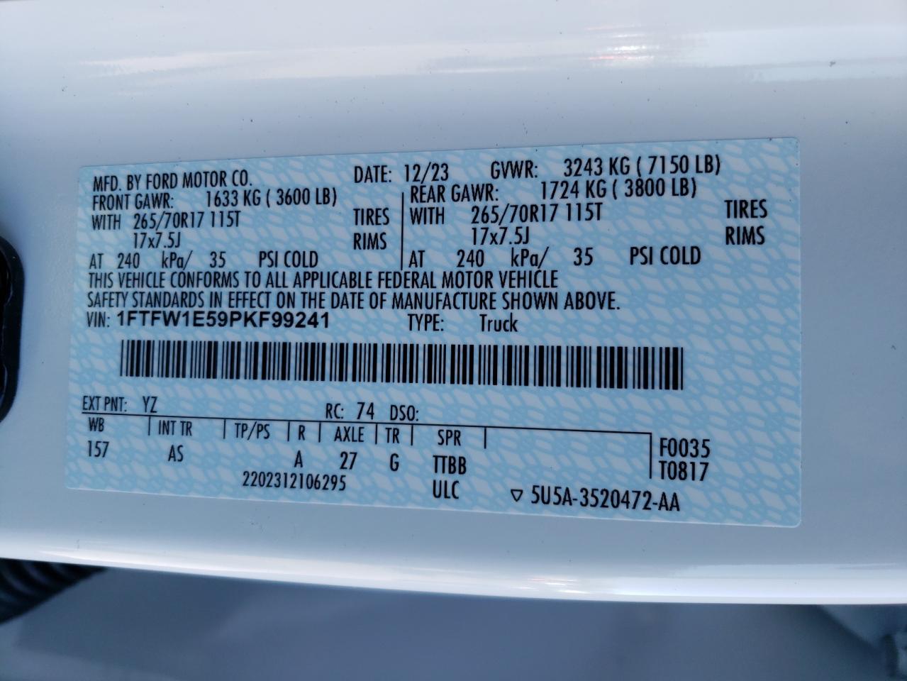 2023 FORD F150 SUPERCREW VIN:1FTFW1E59PKF99241