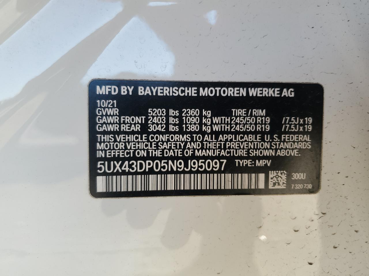 2022 BMW X3 SDRIVE30I VIN:5UX43DP05N9J95097