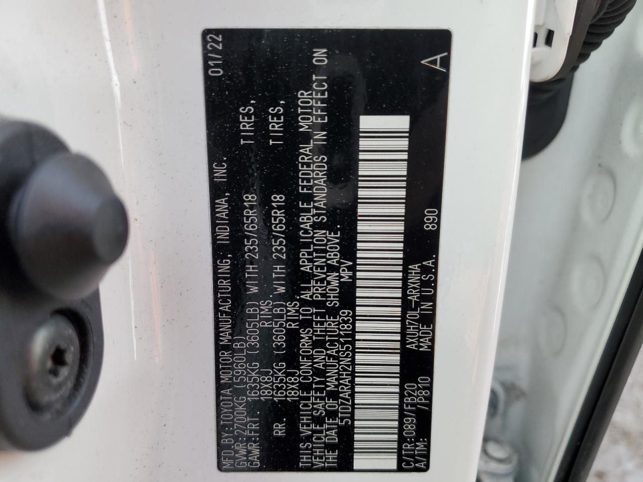 2022 TOYOTA HIGHLANDER HYBRID LE VIN:5TDZARAH2NS511839