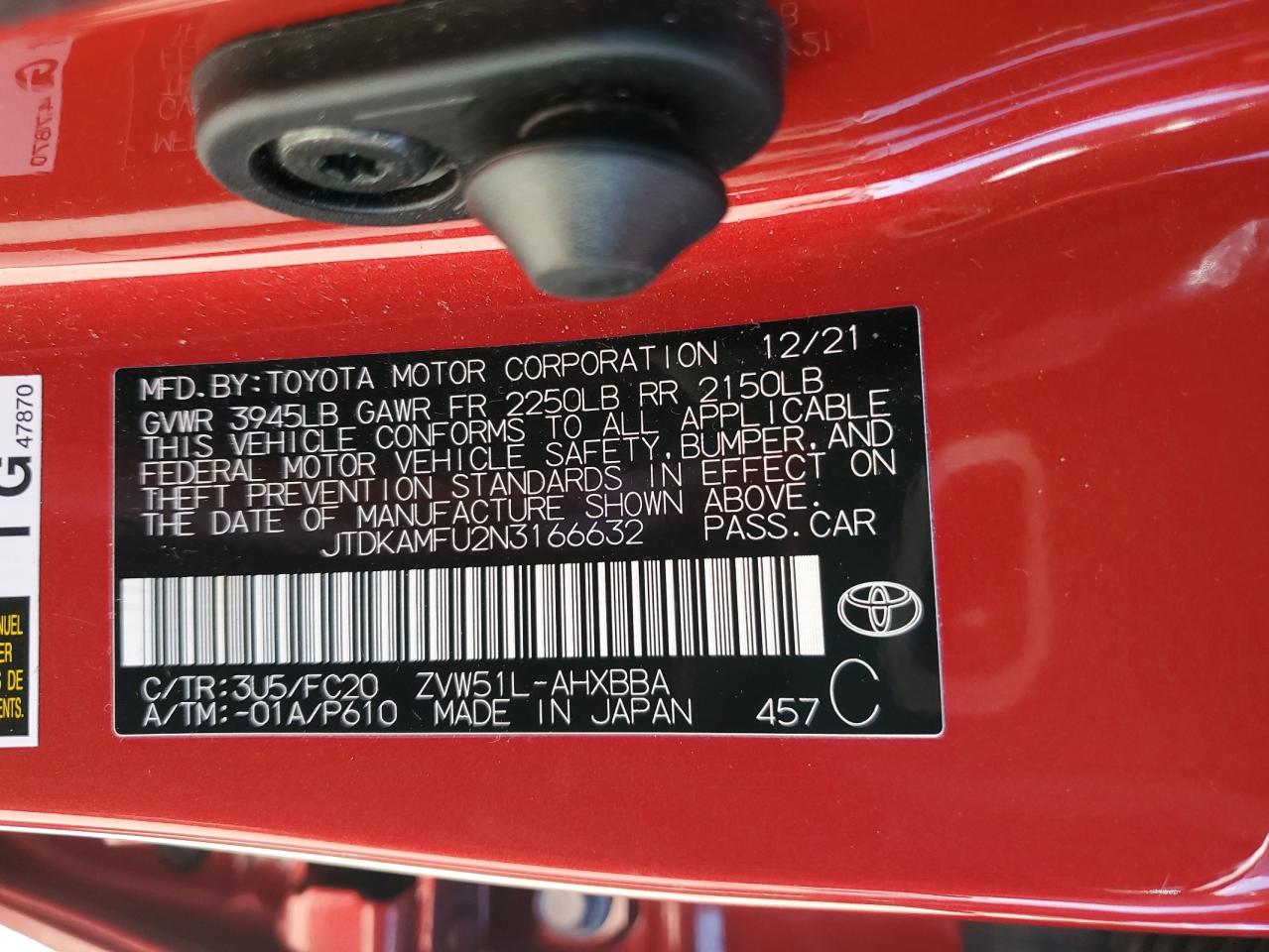 2022 TOYOTA PRIUS NIGHT SHADE VIN:JTDKAMFU2N3166632