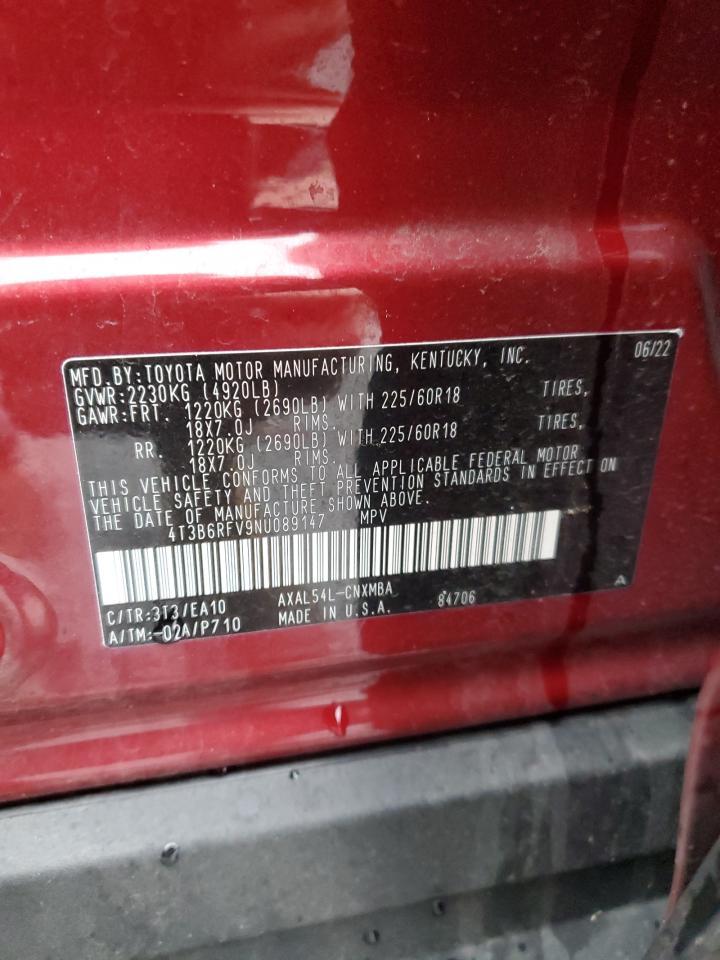 2022 TOYOTA RAV4 XLE PREMIUM VIN:4T3B6RFV9NU089147