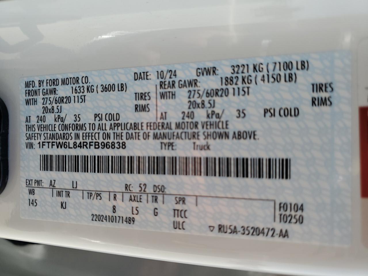 2024 FORD F150 KING RANCH VIN:1FTFW6L84RFB96838