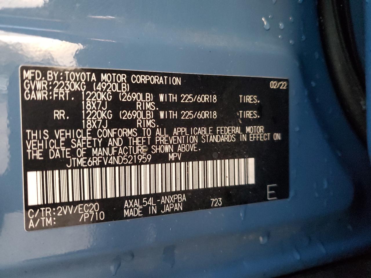 2022 TOYOTA RAV4 XSE VIN:19XFC2F70GE092651