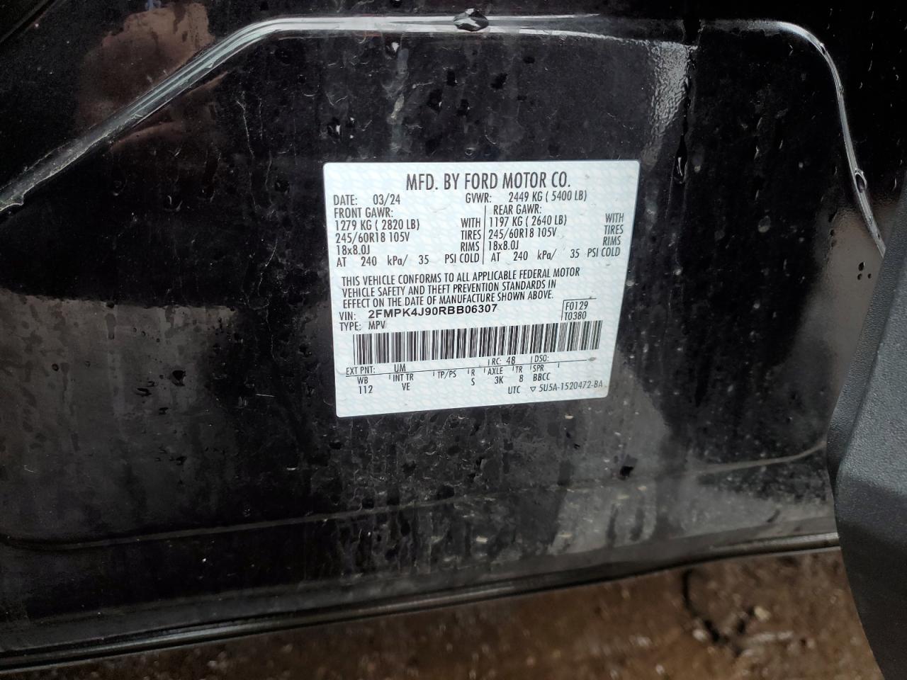 2024 FORD EDGE SEL VIN:2FMPK4J90RBB06307