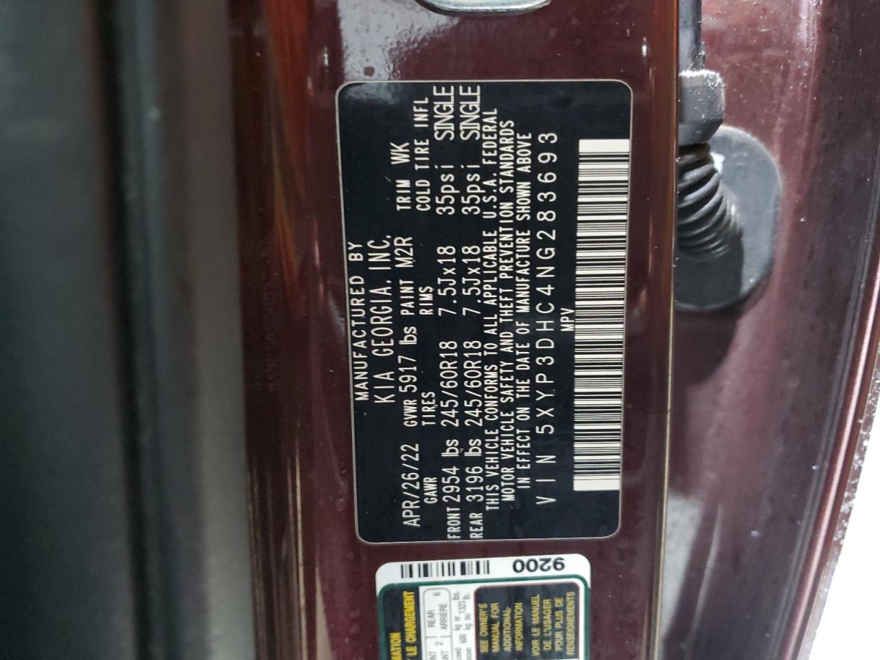 2022 KIA TELLURIDE EX VIN:5XYP3DHC4NG283693