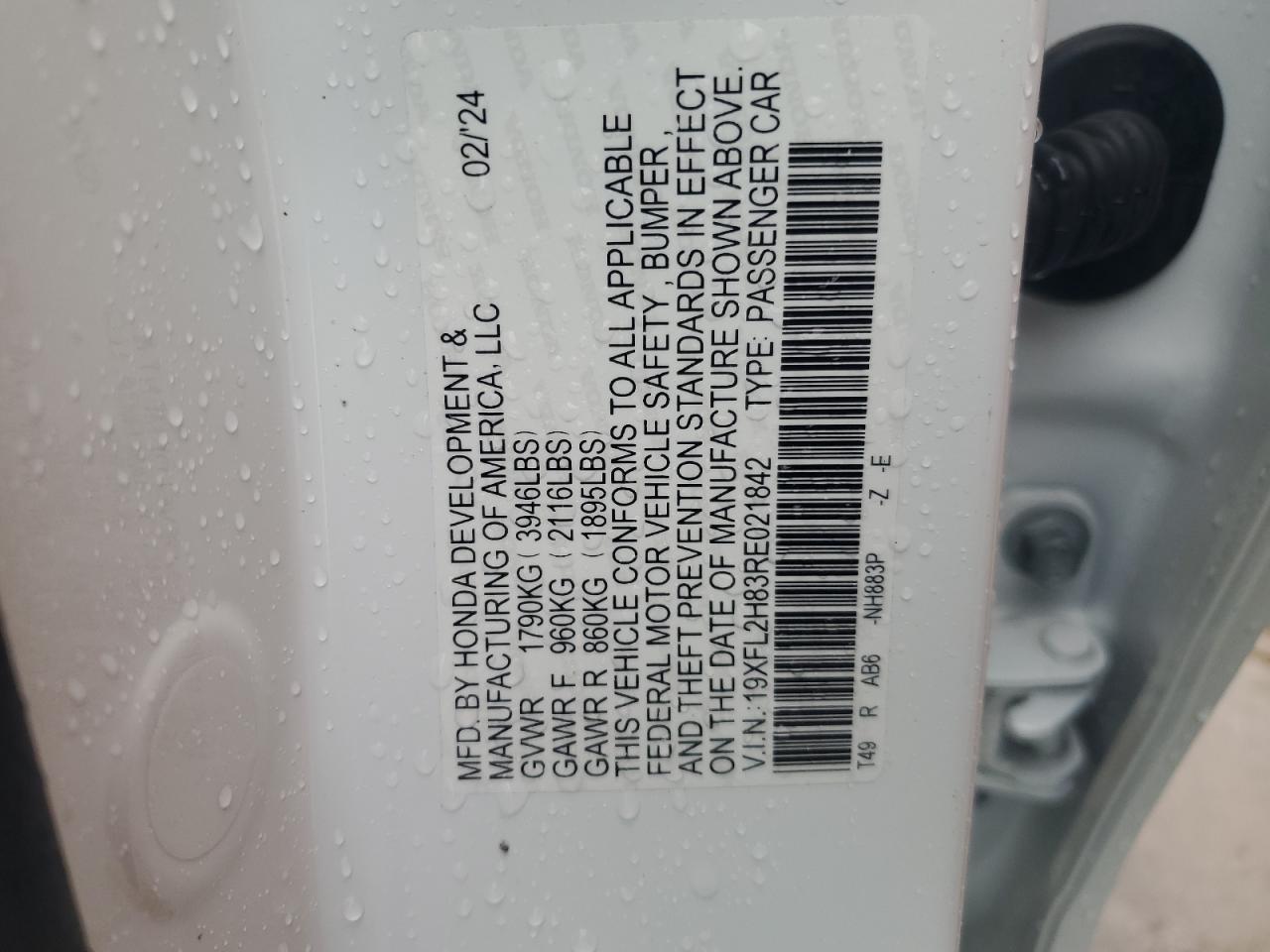 2024 HONDA CIVIC SPORT VIN:19XFL2H83RE021842