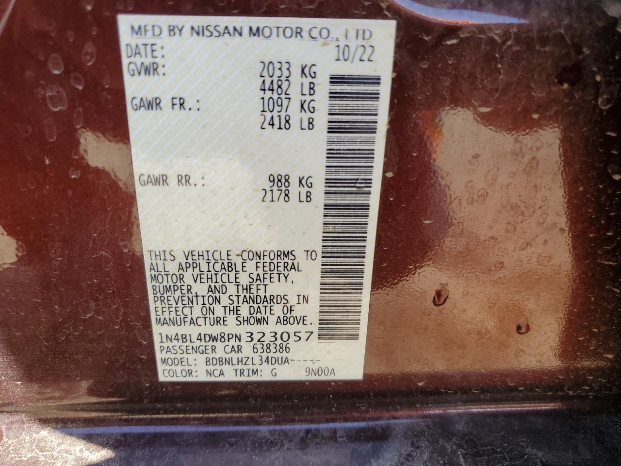 2023 NISSAN ALTIMA SV VIN:1N4BL4DW8PN323057