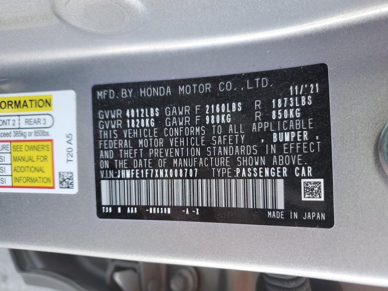 2022 HONDA CIVIC EX VIN:JHMFE1F7XNX008707