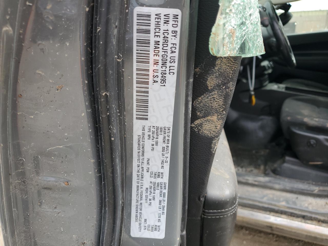 2022 DODGE DURANGO PURSUIT VIN:1C4RDJFG0NC184951