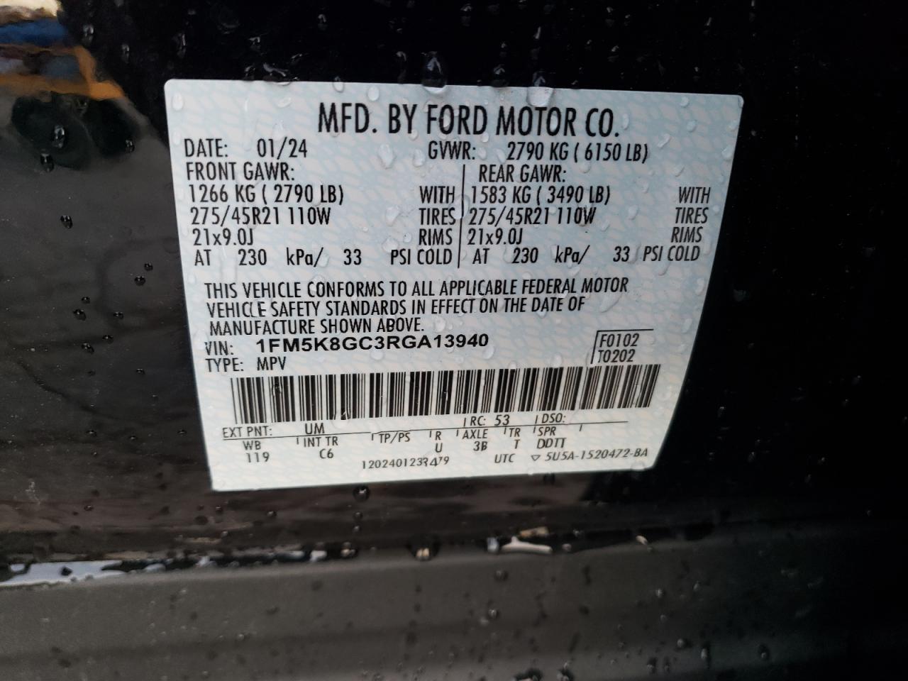 2024 FORD EXPLORER ST VIN:1FM5K8GC3RGA13940