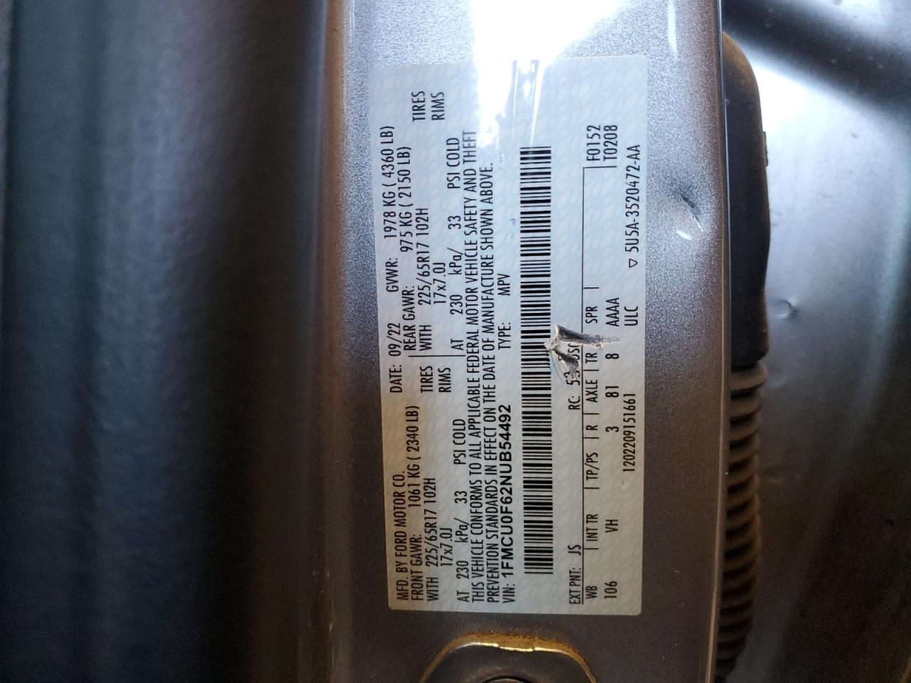 2022 FORD ESCAPE S VIN:1FMCU0F62NUB54492