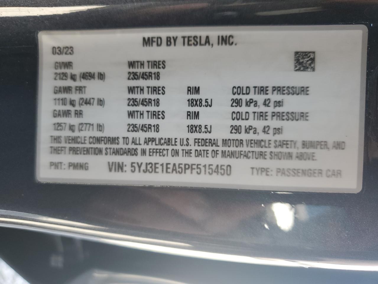 2023 TESLA MODEL 3  VIN:5YJ3E1EA5PF515450