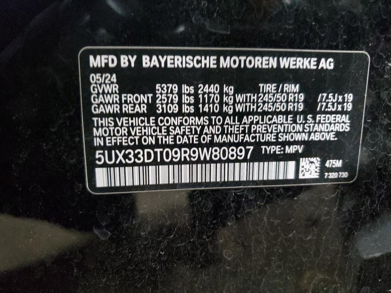 2024 BMW X4 XDRIVE30I VIN:5UX33DT09R9W80897