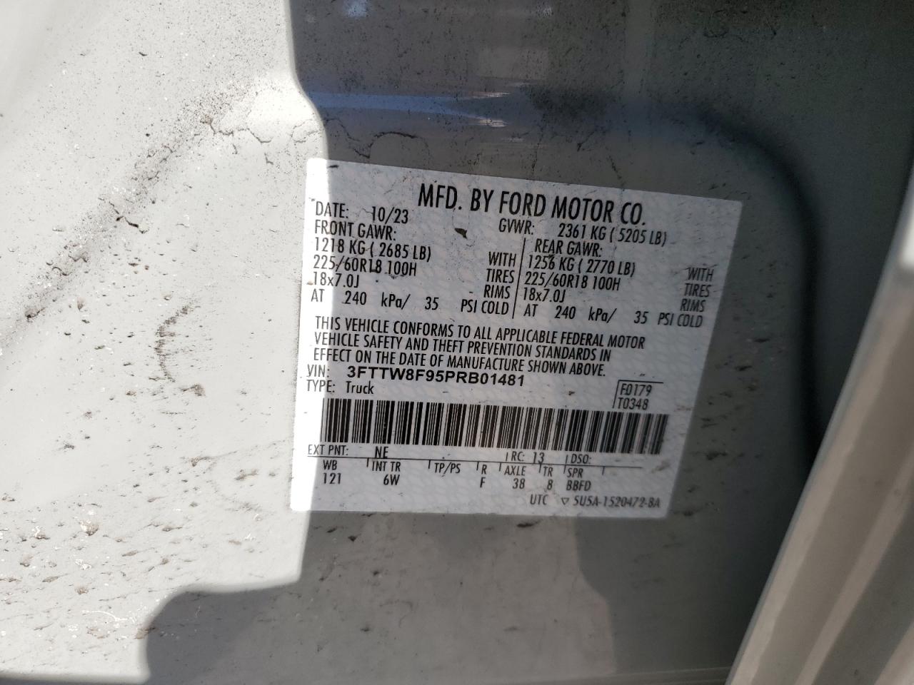 2023 FORD MAVERICK XL VIN:3FTTW8F95PRB01481