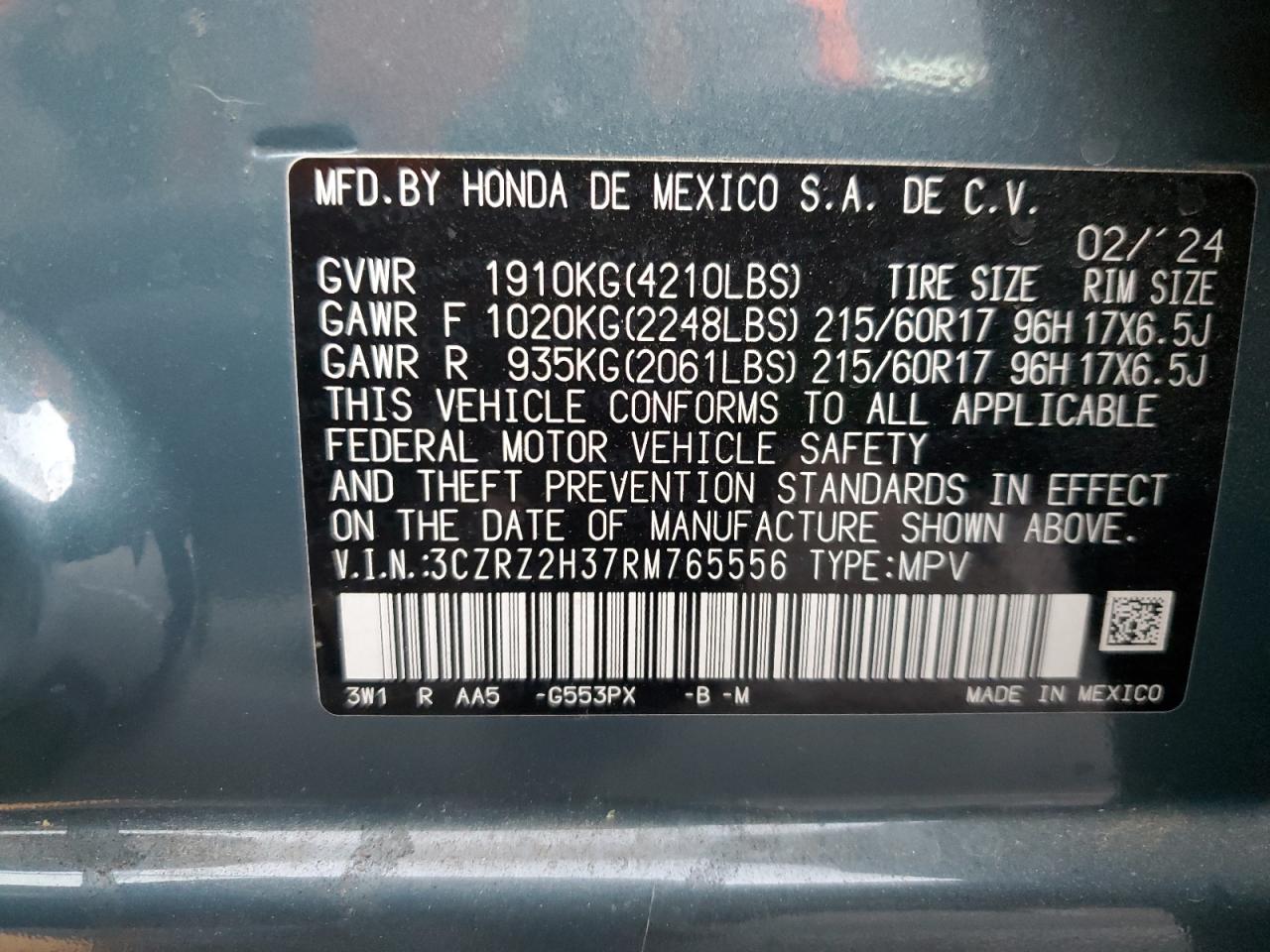 2024 HONDA HR-V LX VIN:3CZRZ2H37RM765556
