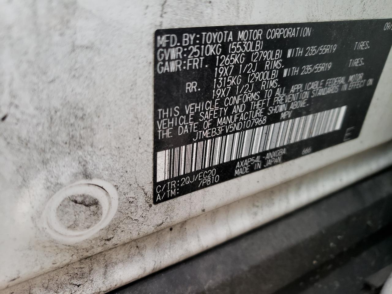 2022 TOYOTA RAV4 PRIME XSE VIN:JTMEB3FV5ND107968