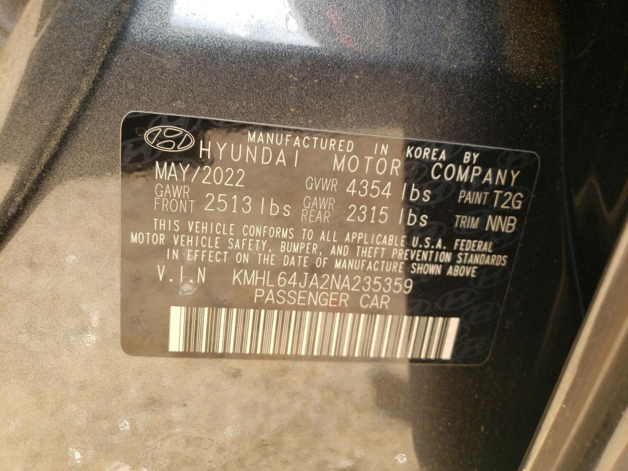 2022 HYUNDAI SONATA SEL VIN:KMHL64JA2NA235359