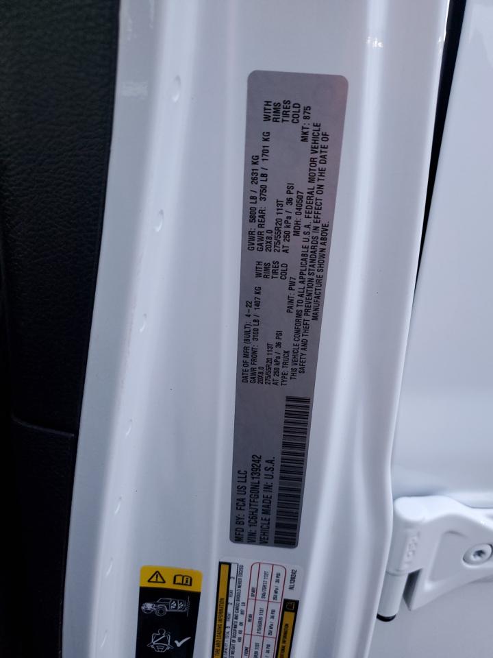 2022 JEEP GLADIATOR OVERLAND VIN:1C6HJTFG0NL139242