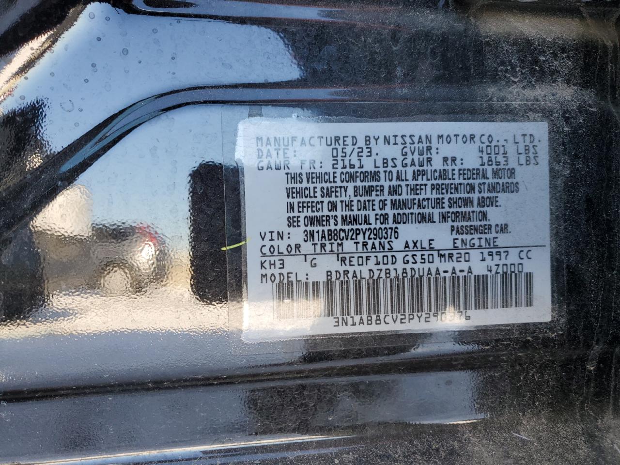 2023 NISSAN SENTRA SV VIN:3N1AB8CV2PY290376