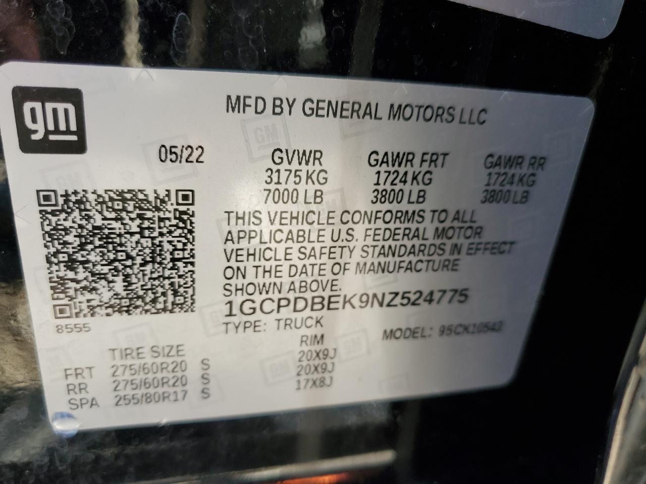 2022 CHEVROLET SILVERADO K1500 CUSTOM VIN:1GCPDBEK9NZ524775