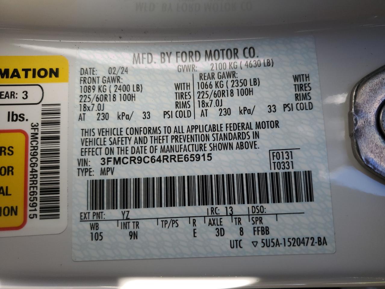 2024 FORD BRONCO SPORT OUTER BANKS VIN:3FMCR9C64RRE65915