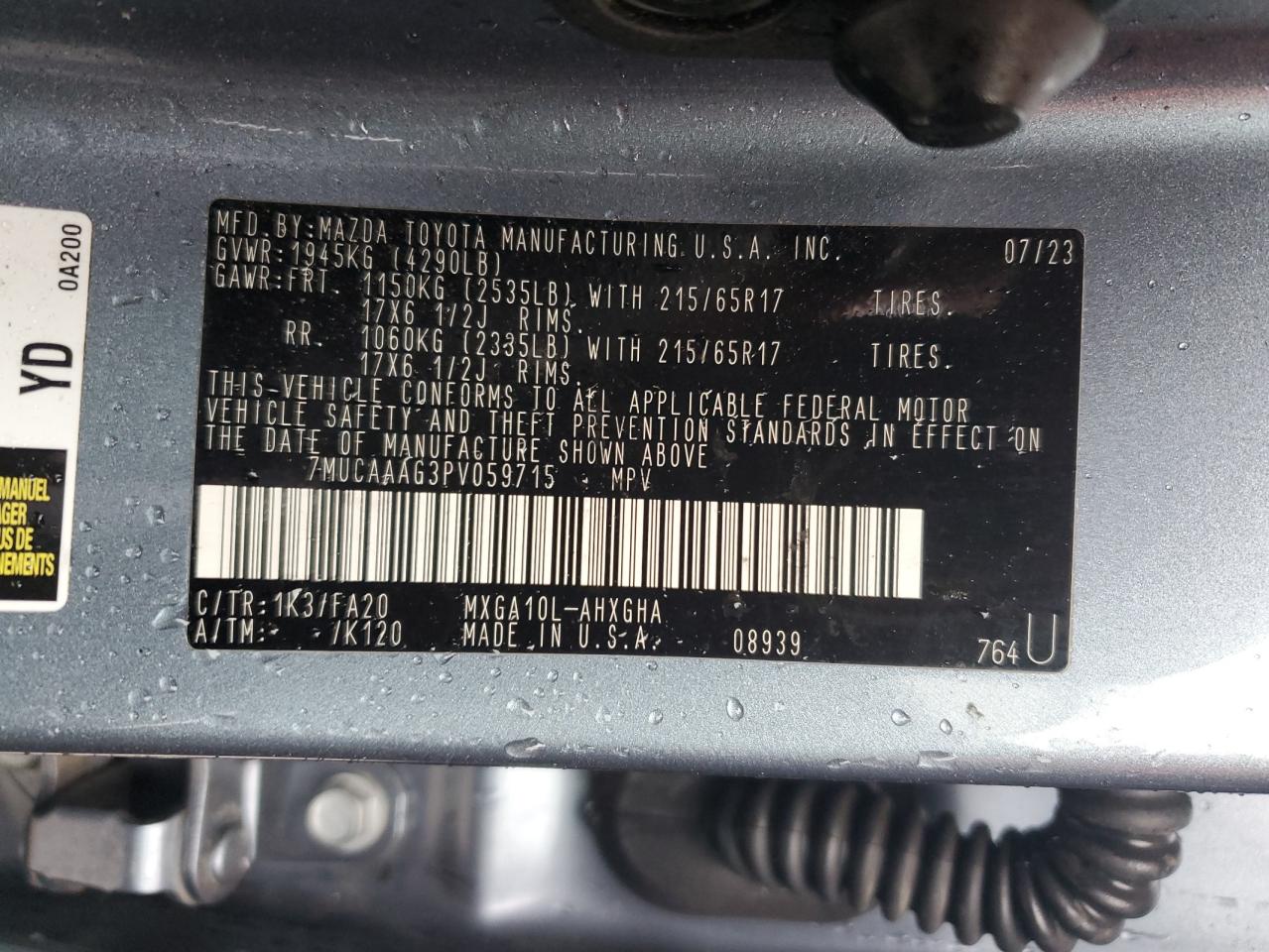 2023 TOYOTA COROLLA CROSS LE VIN:7MUCAAAG3PV059715