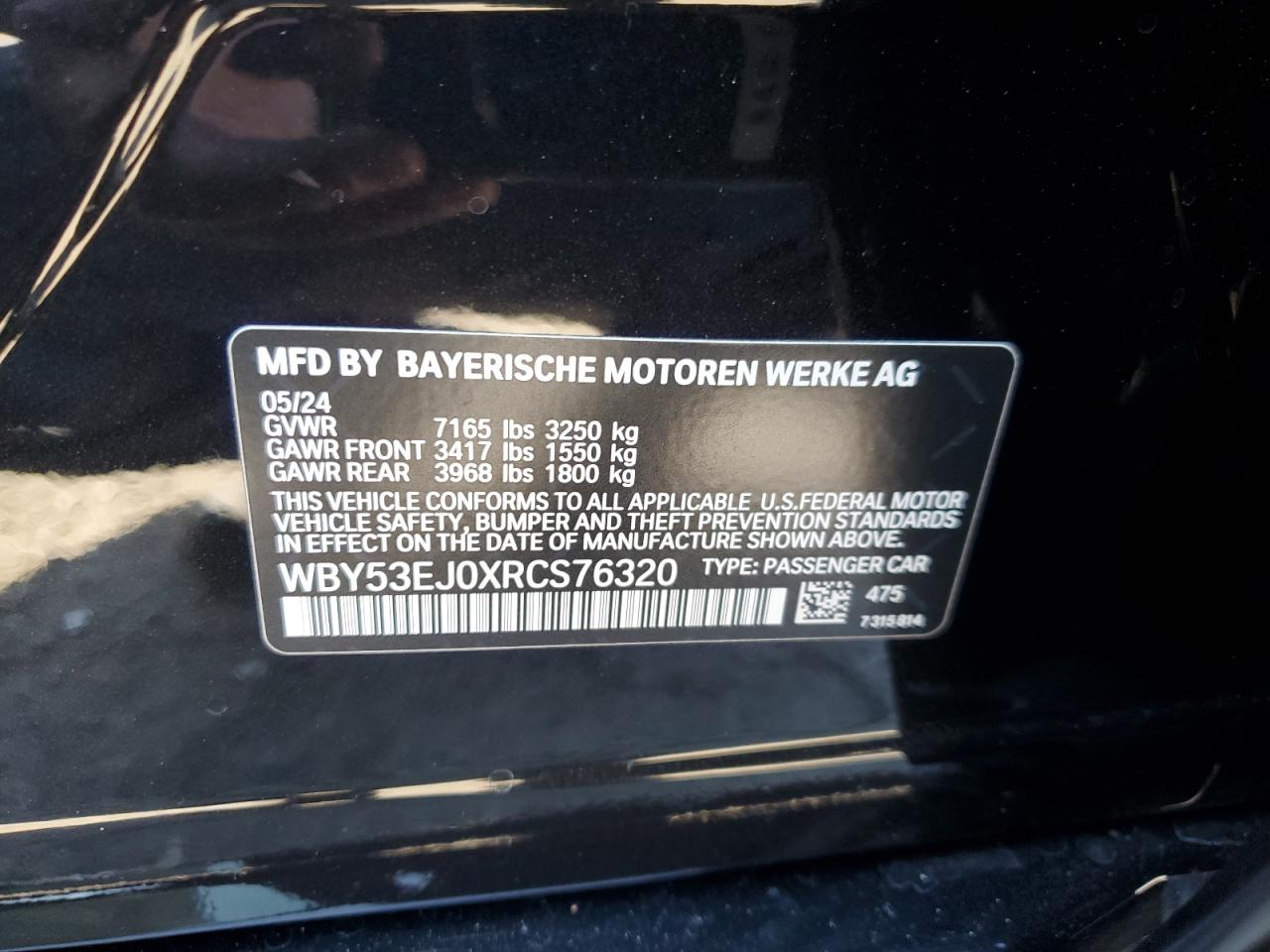 2024 BMW I7 XDRIVE60 VIN:WBY53EJ0XRCS76320