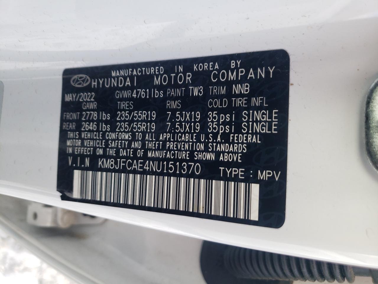 2022 HYUNDAI TUCSON N LINE VIN:KM8JFCAE4NU151370