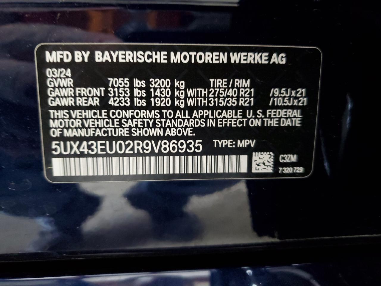 2024 BMW X5 XDRIVE50E VIN:5UX43EU02R9V86935