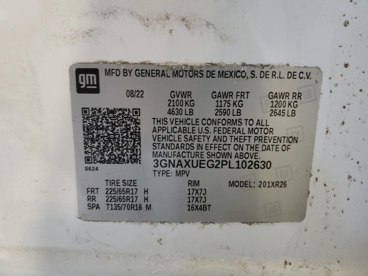 2023 CHEVROLET EQUINOX LT VIN:3GNAXUEG2PL102630