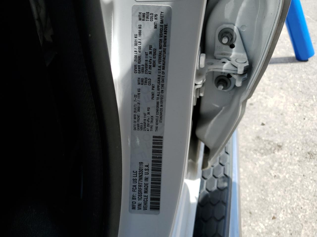 2022 RAM 1500 LARAMIE VIN:1C6SRFRT7NN330119