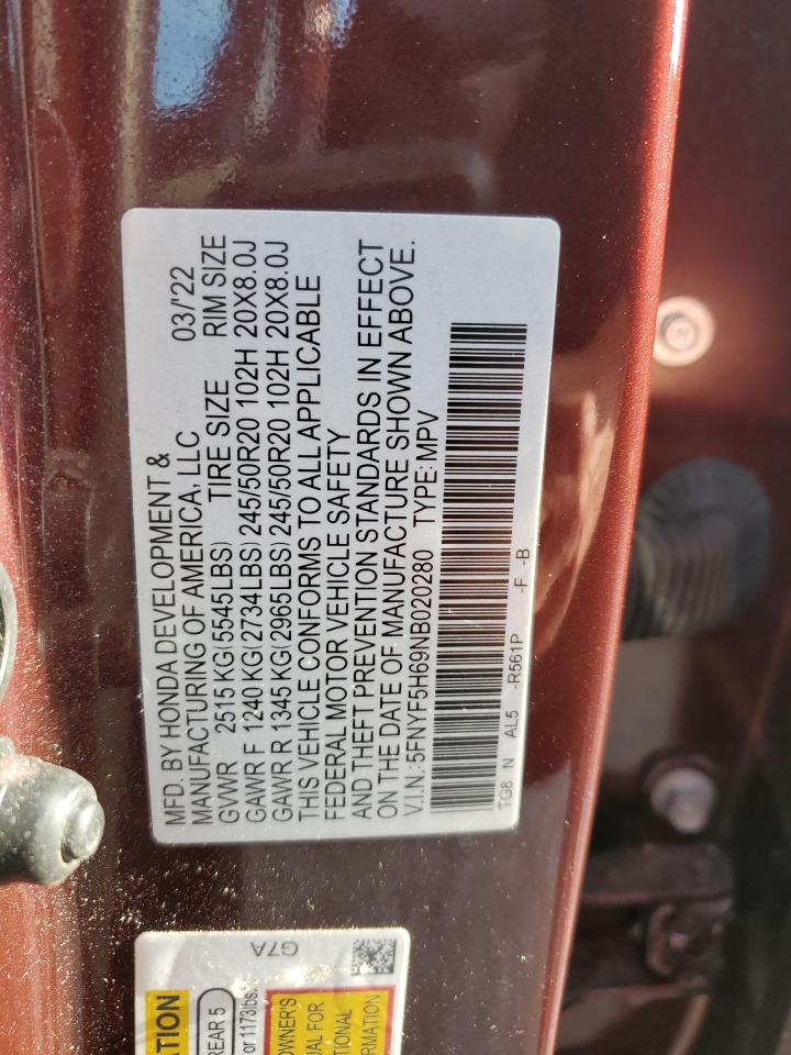 2022 HONDA PILOT TOURING VIN:5FNYF5H69NB020280
