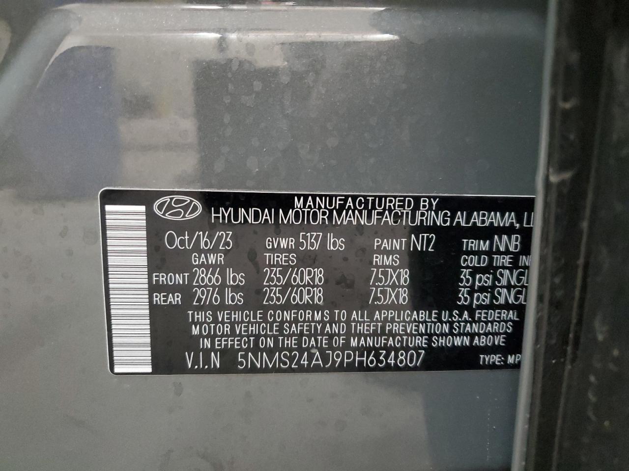 2023 HYUNDAI SANTA FE SEL VIN:5NMS24AJ9PH634807