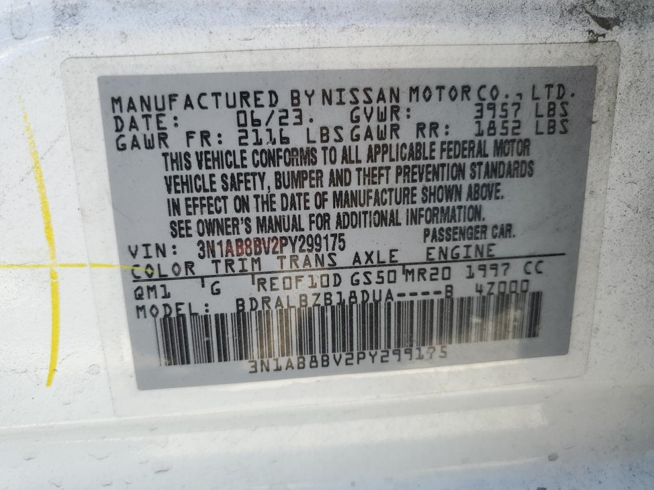 2023 NISSAN SENTRA S VIN:3N1AB8BV2PY299175