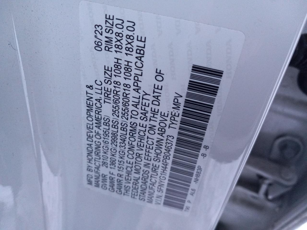 2023 HONDA PILOT EXL VIN:5FNYG1H44PB046373