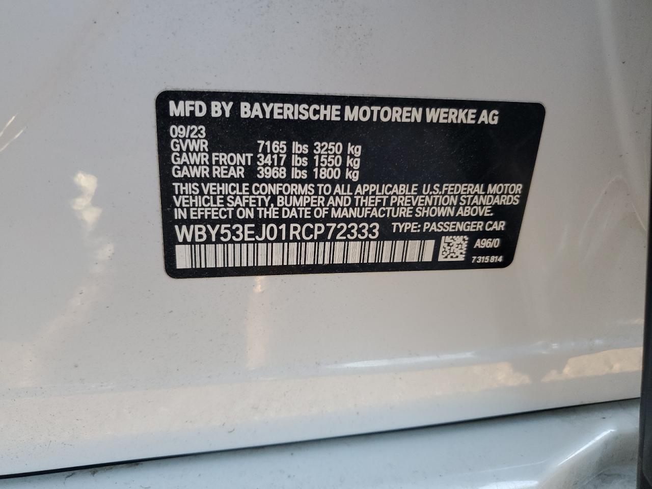 2024 BMW I7 XDRIVE60 VIN:WBY53EJ01RCP72333