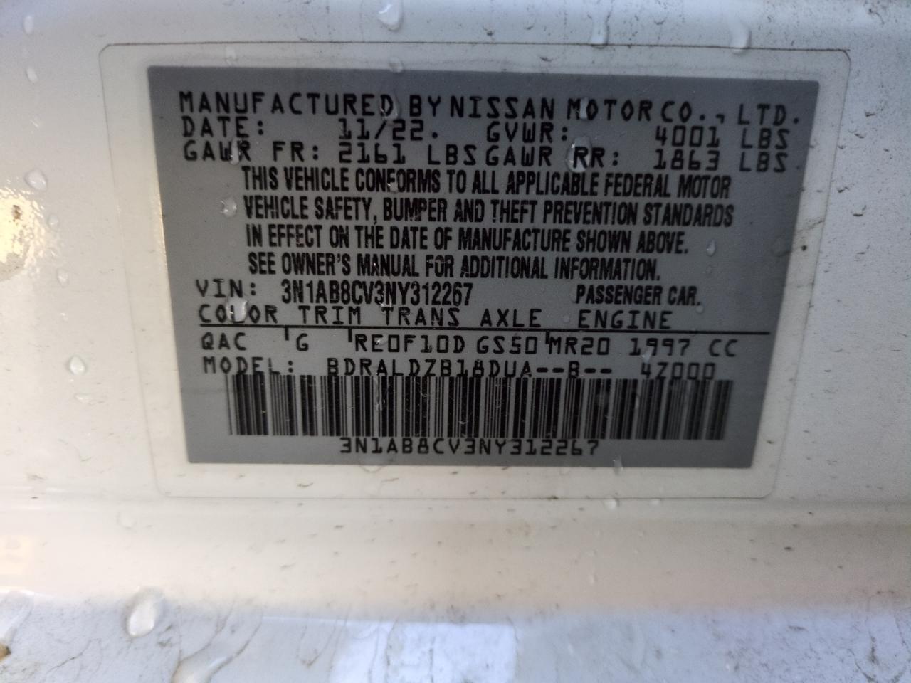 2022 NISSAN SENTRA SV VIN:3N1AB8CV3NY312267