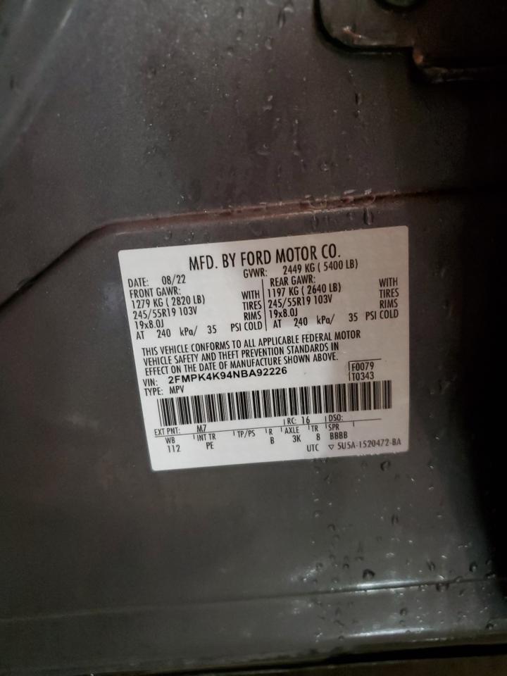 2022 FORD EDGE TITANIUM VIN:2FMPK4K94NBA92226