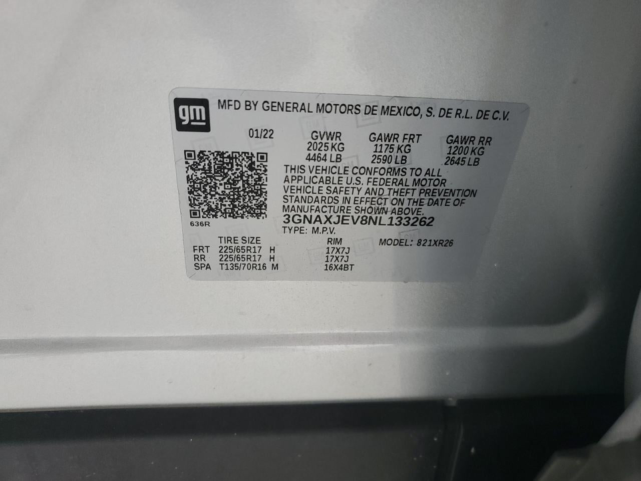 2022 CHEVROLET EQUINOX LT VIN:3GNAXJEV8NL133262