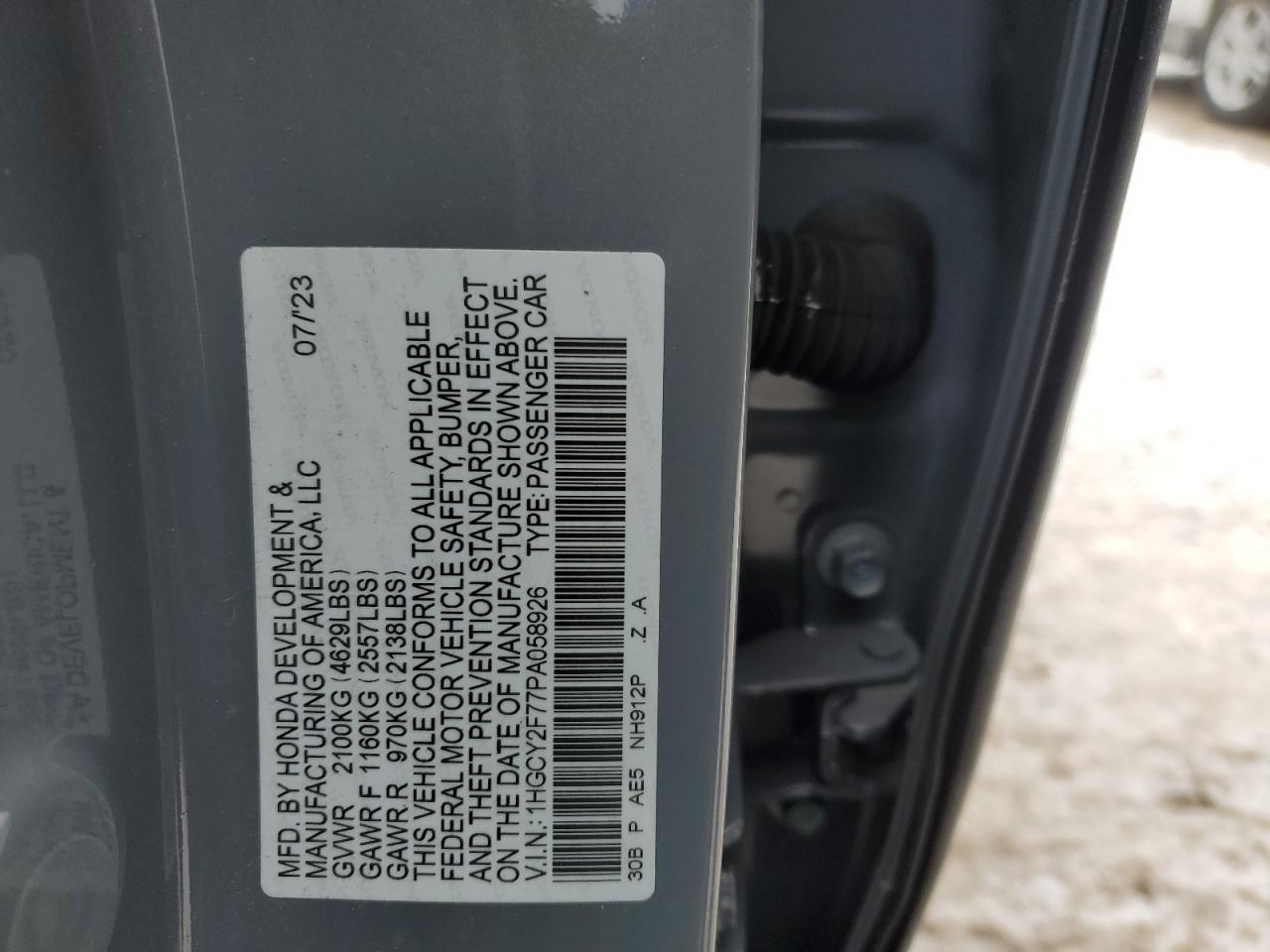 2023 HONDA ACCORD HYBRID SPORT-L VIN:1HGCY2F77PA058926