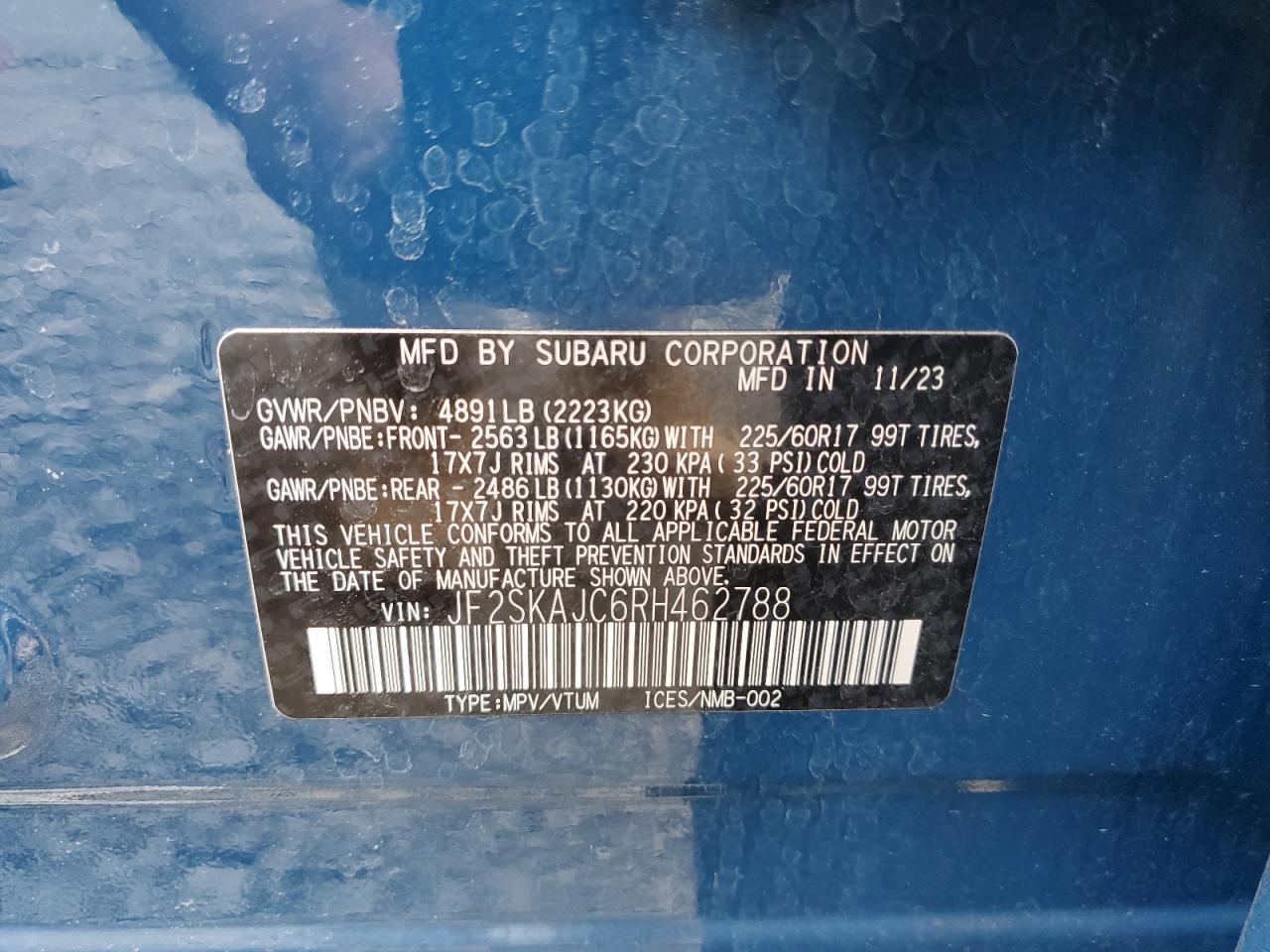 2024 SUBARU FORESTER WILDERNESS VIN:JF2SKAJC6RH462788