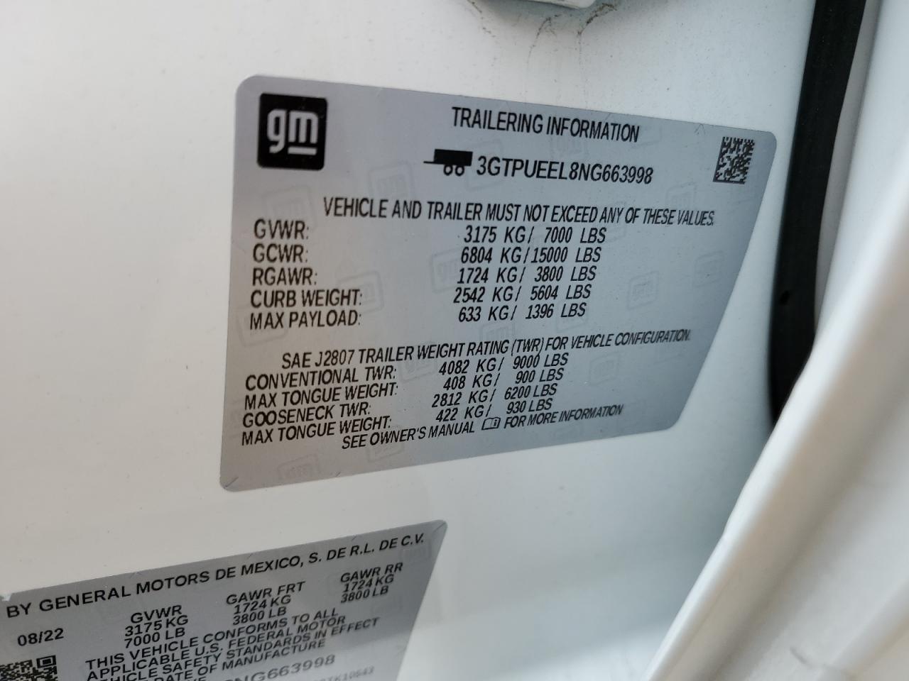 2022 GMC SIERRA K1500 AT4 VIN:3GTPUEEL8NG663998
