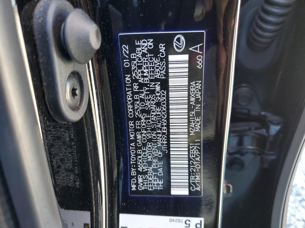 2022 LEXUS UX 250H BASE VIN:JTHR9JBH6N2060302