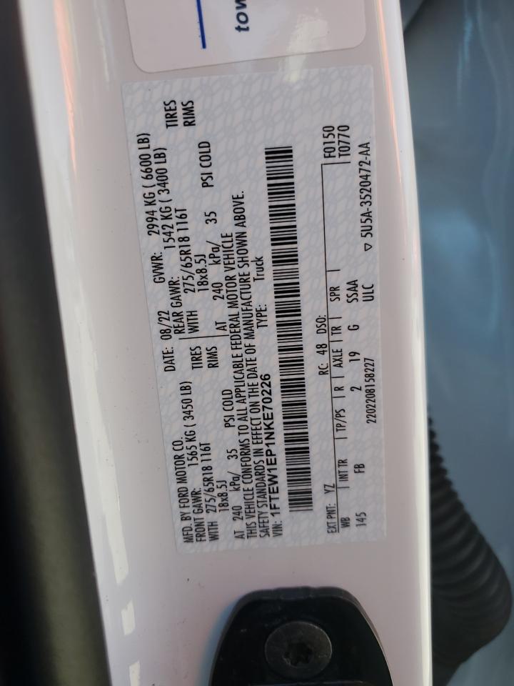 2022 FORD F150 SUPERCREW VIN:1FTEW1EP1NKE70226